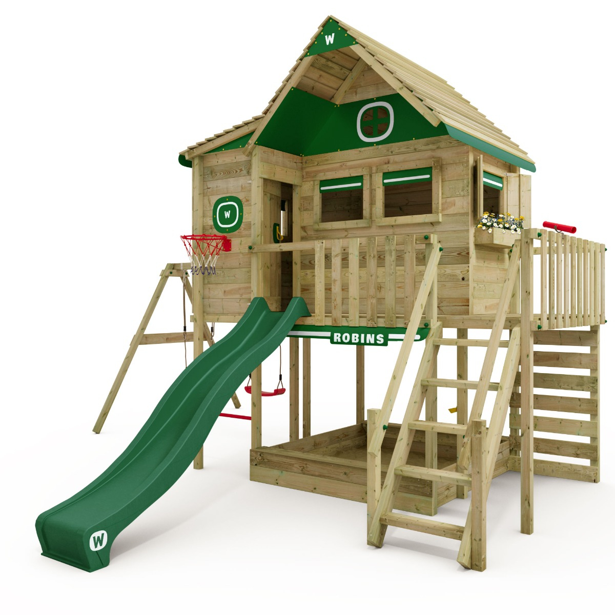 Wooden playhouse with slide and sandpit shop