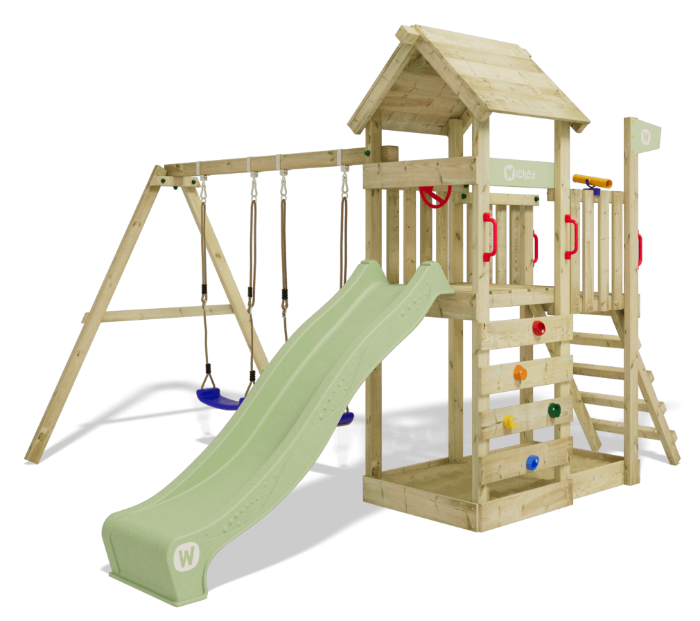 Wickey MultiFlyer climbing frame with wooden roof and various add-on modules